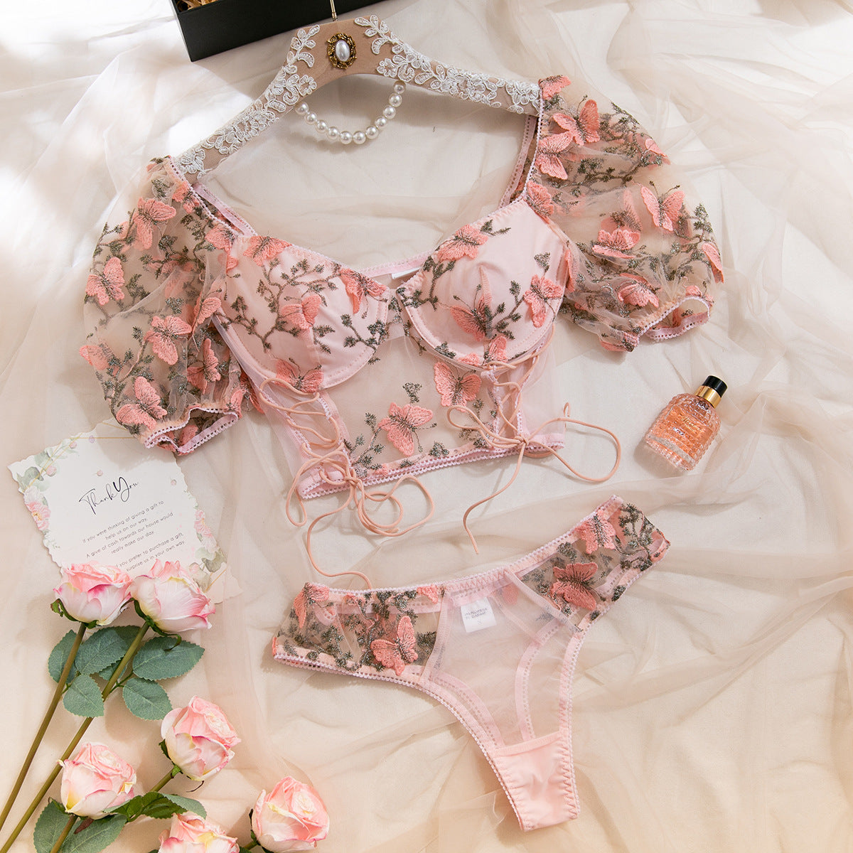 Butterfly Embroidery Puff Sleeves See - through Belly - exposing Slim Fit Hot Girl Sexy Lingerie