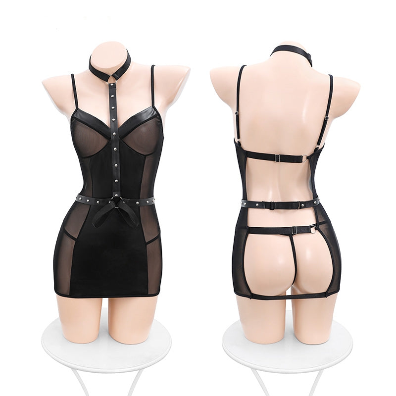 SM Studded Leather Mesh Lingerie