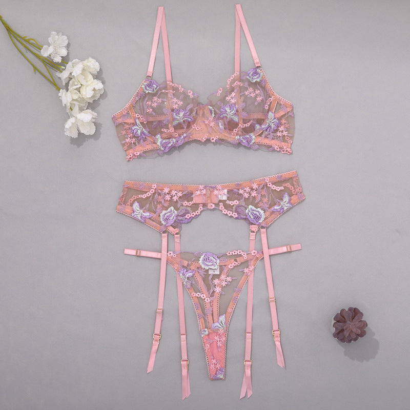 Sexy Lingerie Split Set Floral Embroidered Mesh Sculpting Underwire Bra Alluring Garter Belt