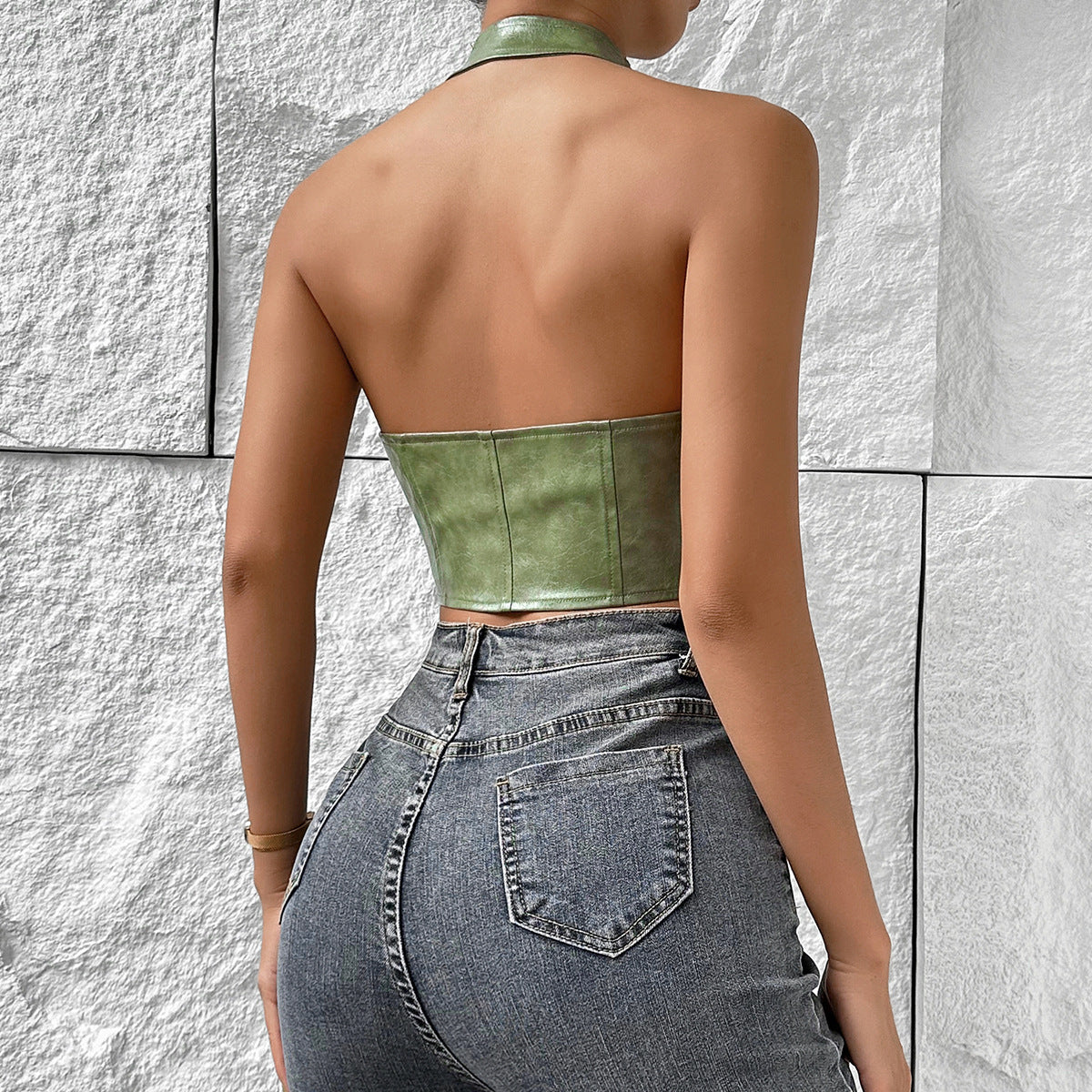 Sexy Hot Girl Low-Cut Pure Color Halter Lace-up PU Leather Vest