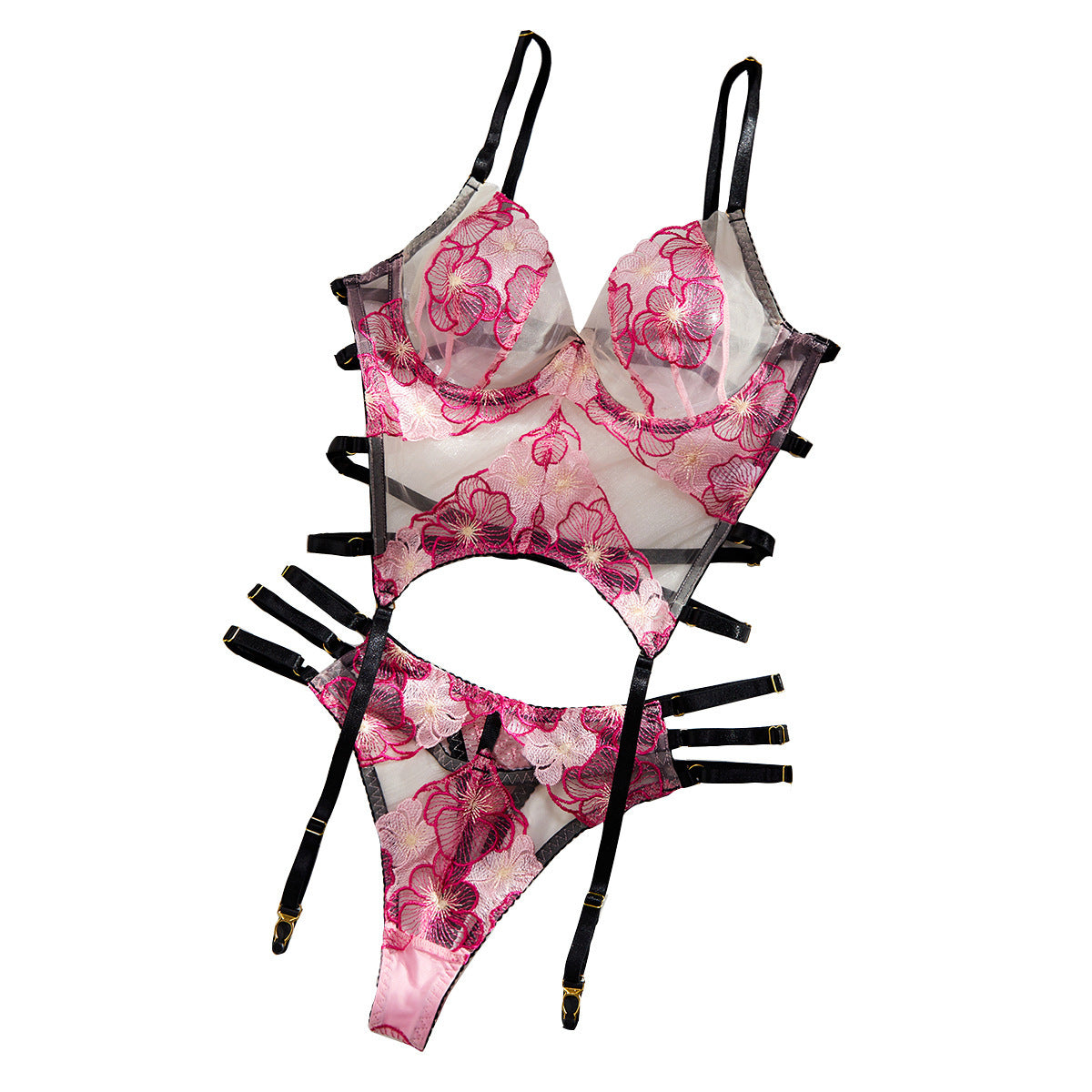 Deep V Flower Embroidered Underwear Garter Two-Piece Set