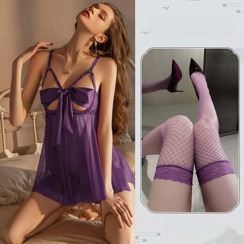 Plus Size Backless Bow Straps Tulle Nightdress