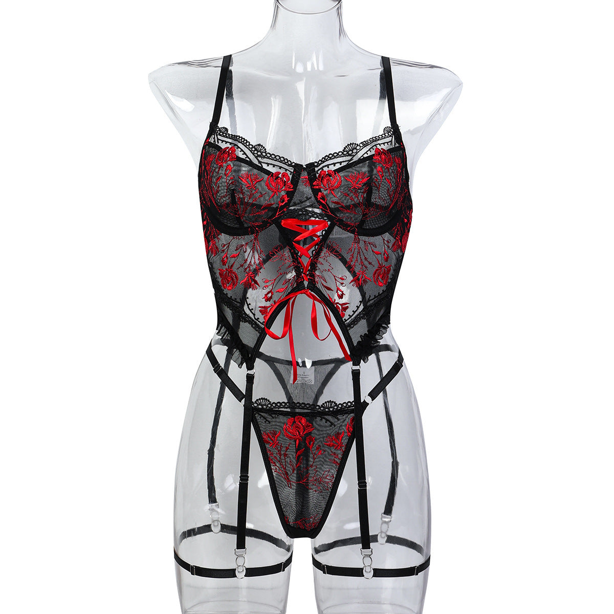 Flower Embroidery Cross Strap Underwear Three-Piece Set