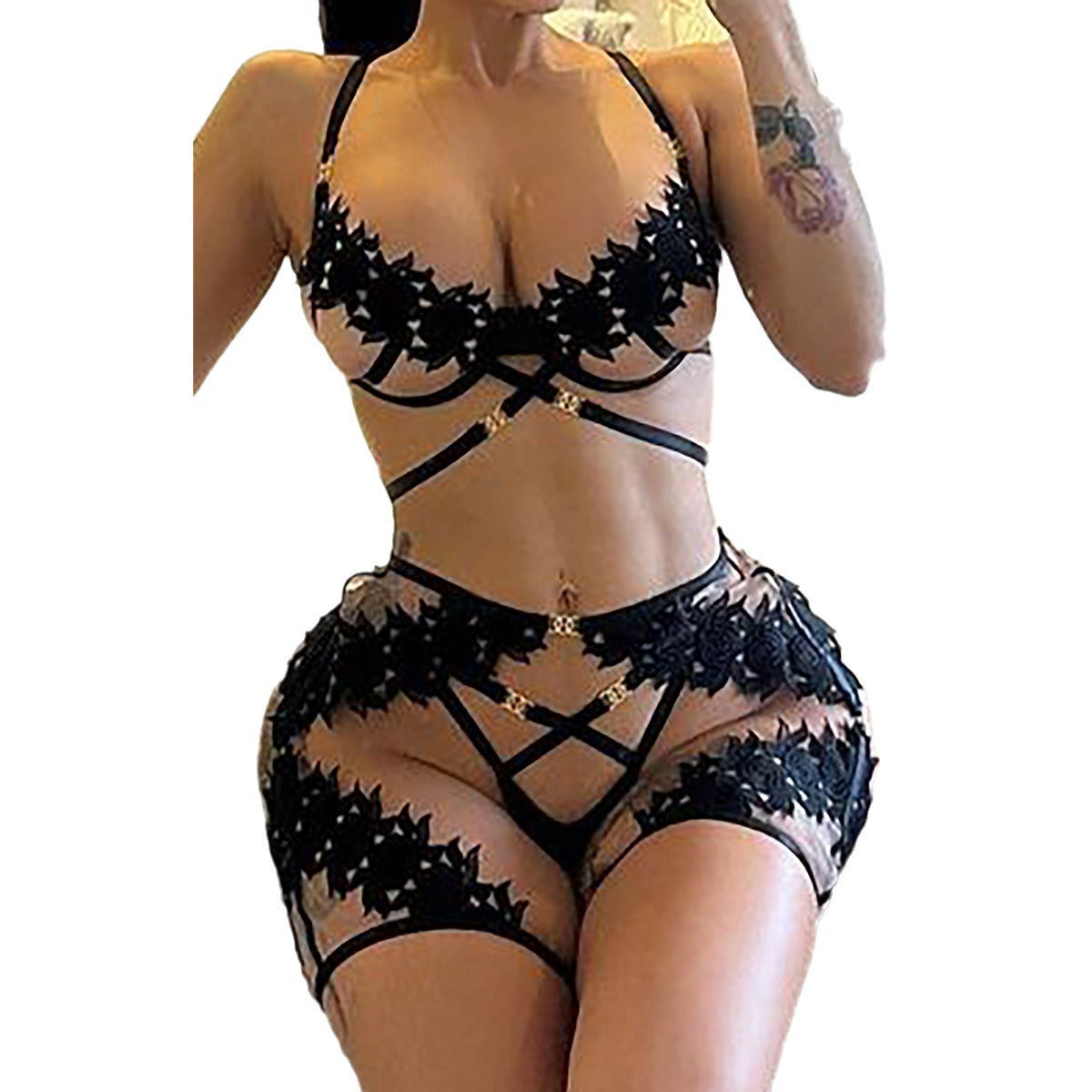 Hollow-out Sexy Mesh See-through Erotic Lingerie Black Tight-fitting Garment