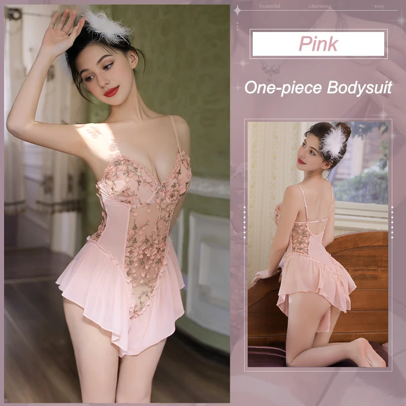 Deep V-neck Floral Embroidered Open-crotch Bodysuit