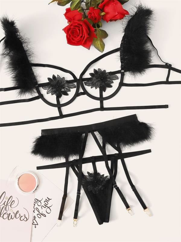 Feather Strap Stitching Sexy Three-Piece Set