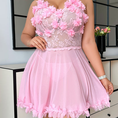 Plus Size Lace See-through Valentine's Day T-Back Night Skirt Suit