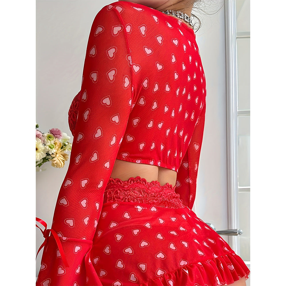 Red Love Heart Flowers Lace Bra Skirt T-Back Three-Piece Set