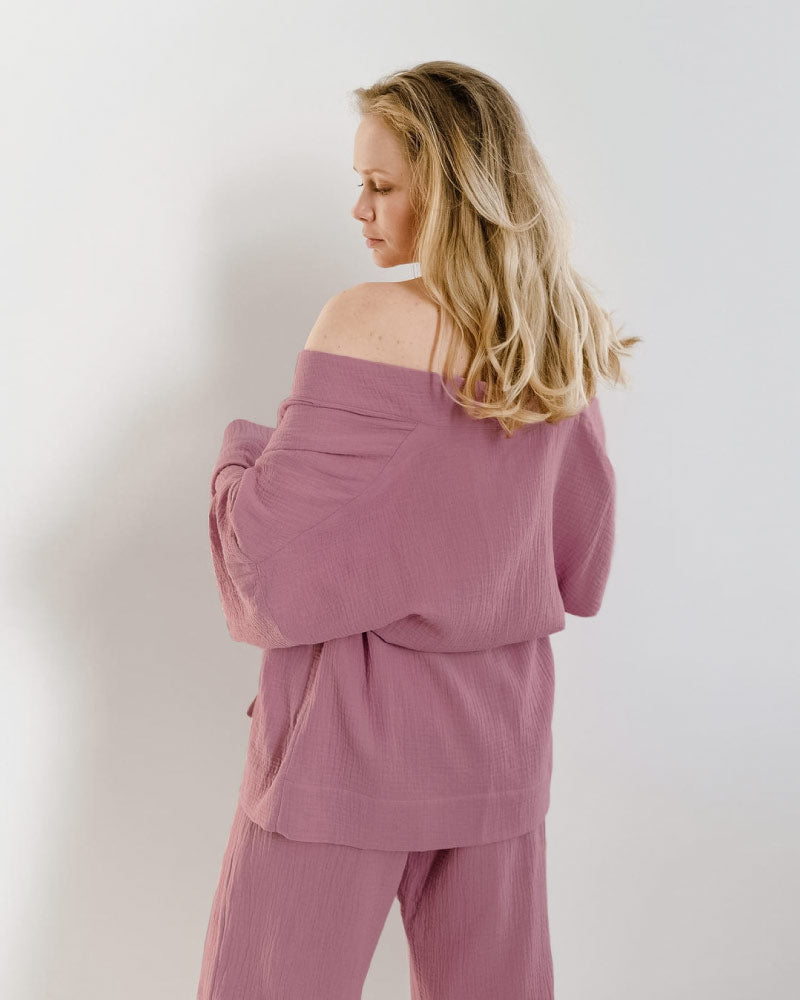 Loose-fit Line Gauze Pajama Bathrobe Set