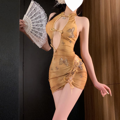 Yellow Butterfly Print Retro Cheongsam Nightdress
