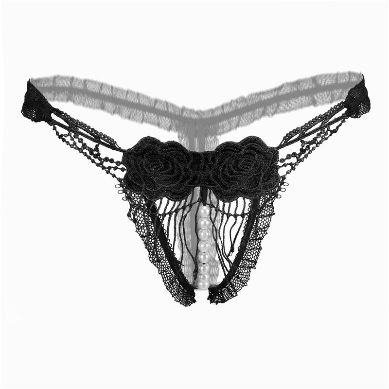 Sexy Open Crotch Mesh Flower Embroidery Thong