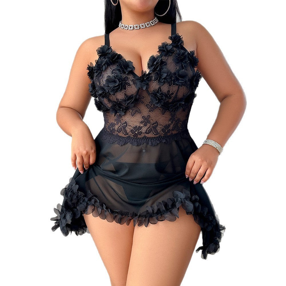 Plus Size Lace See-through Valentine's Day T-Back Night Skirt Suit