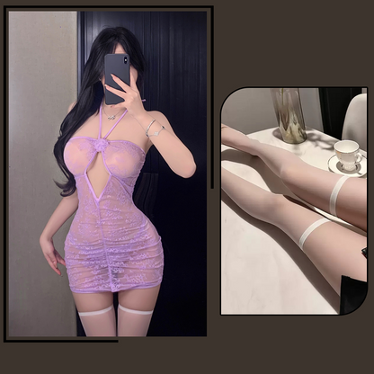 Soft Yarn Lace Hollow out See-through Halter Rose Hip Skirt