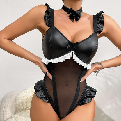 Bowknot Leather Mesh Sheer Bodysuit