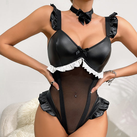 Bowknot Leather Mesh Sheer Bodysuit