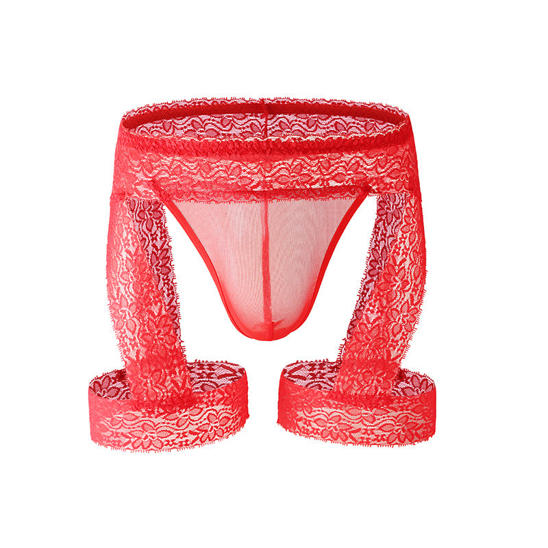 Men's Lace Tirm Bulge Pouch G-String Underwear with Garter
