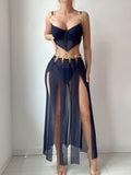 Sheer Mesh Metal Ring Embellished Slit Skirt Set