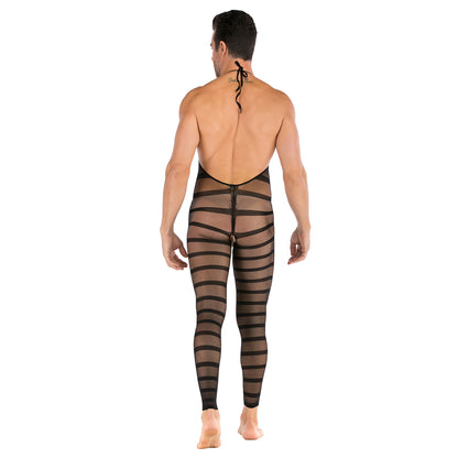 Men's Striped Halter Neck Open Crotch See-Through Bodysuit