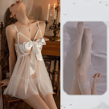 Plus Size Backless Bow Straps Tulle Nightdress