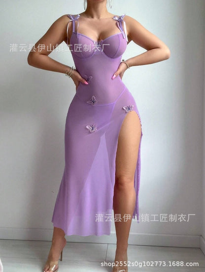 Sheer Mesh Backless High Slit Multicolor Dress