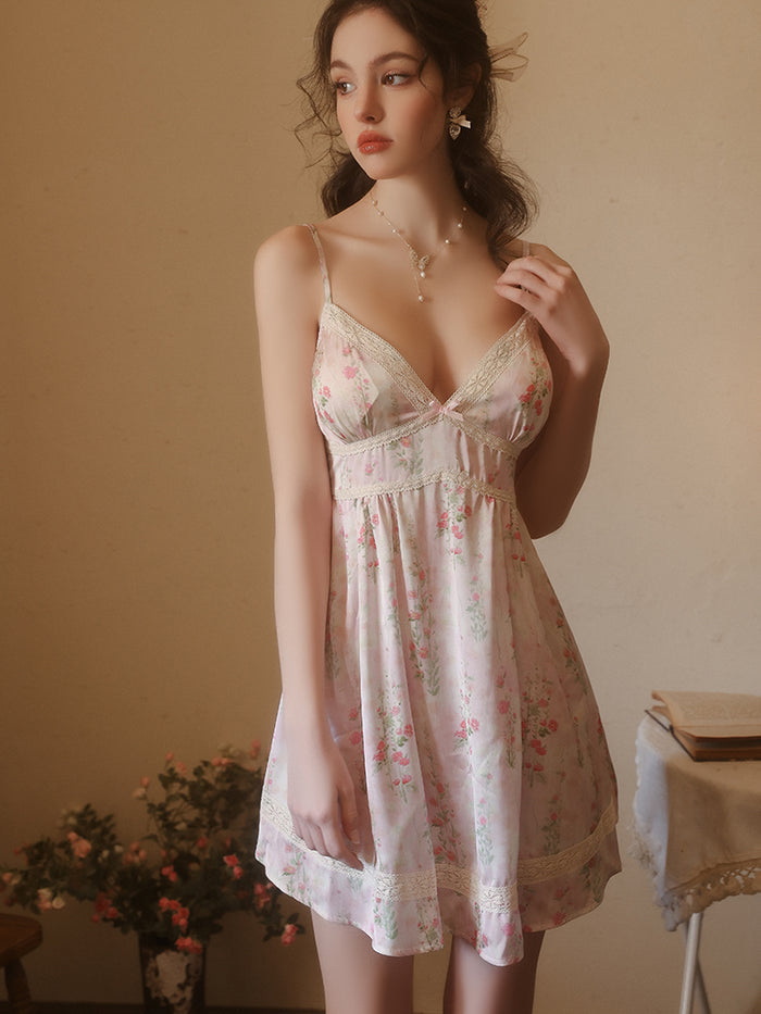 Floral Lace Deep V Trim Satin Dress