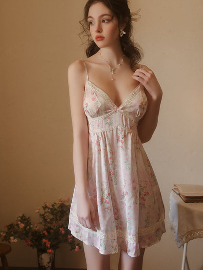 Floral Lace Deep V Trim Satin Dress