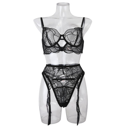 Choker Floral Lace Underwire Bra Sheer Garter Belt Panties Ultra-Sexy 3-Piece Lingerie Set