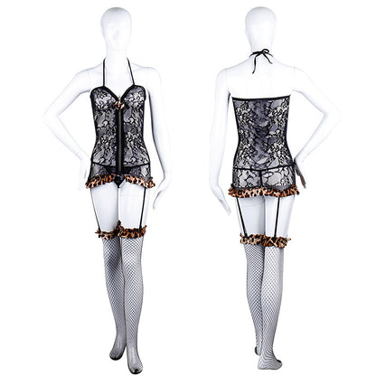 Leopard Print Sheer Zipper Suspender Bodysuit Set