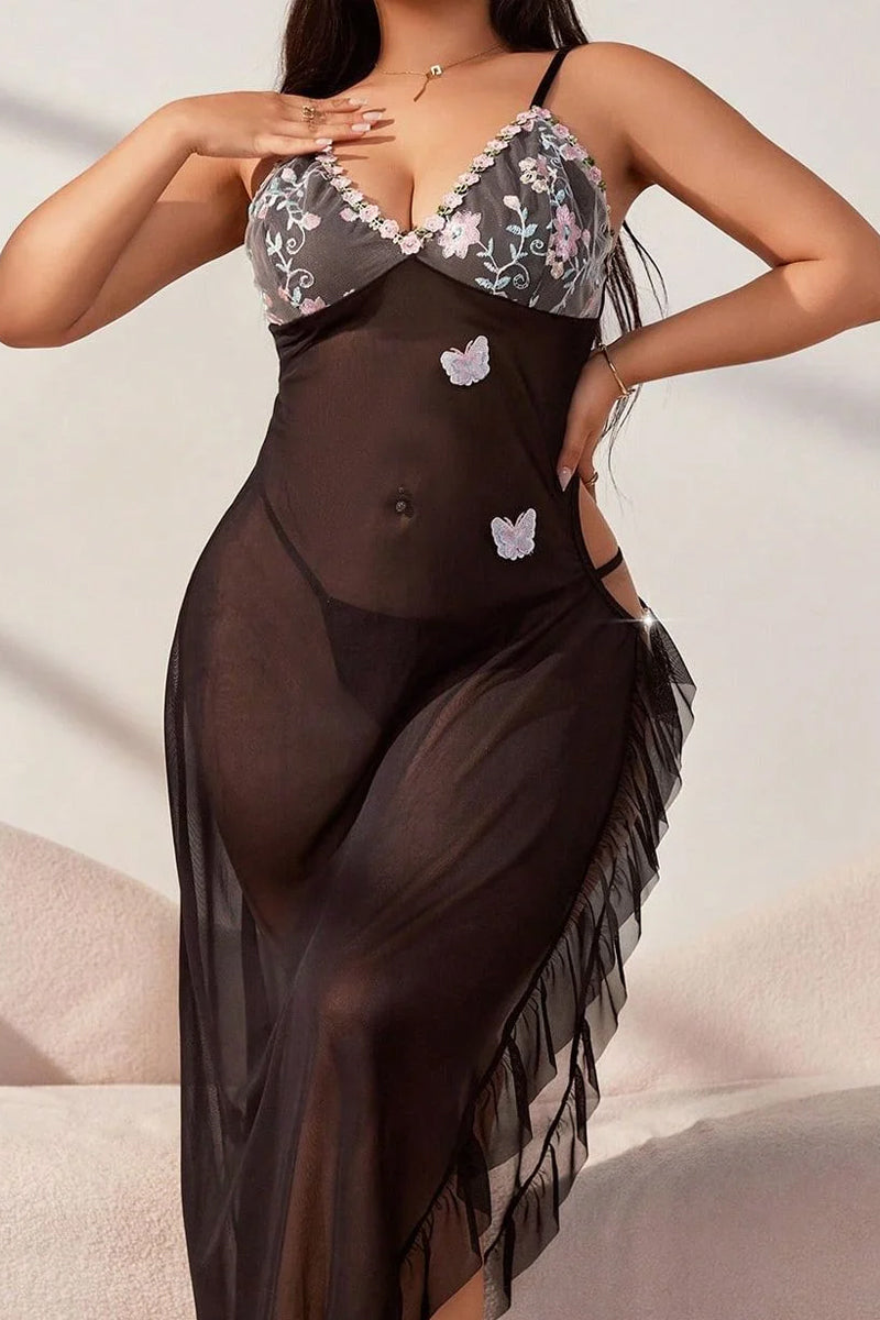 Large Size Split-slit Suspender Dress Sexy Semi-see-through Pajamas  Long Lace Dress Set