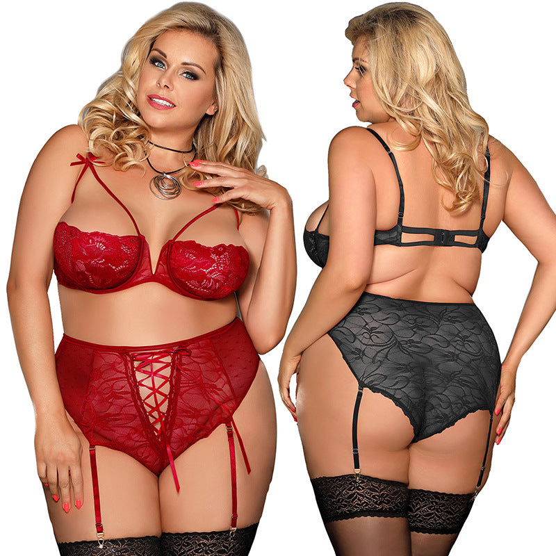 Large Size See-through Mesh Transparent Fishnet Lace Bra High-waisted Lacing-up Panties Garter Belt