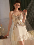 Metallic Bow Detail Ruffle Slip Dress With Chest Pad