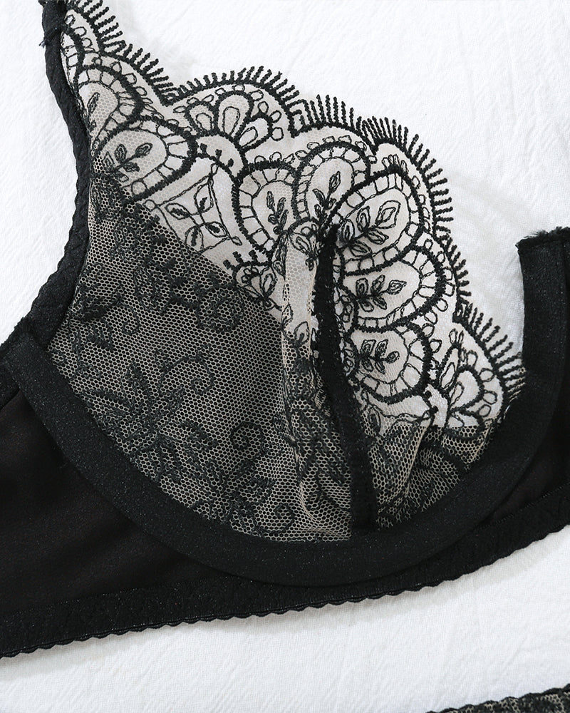 Embroidery Lace Garter Belt Lingerie Set