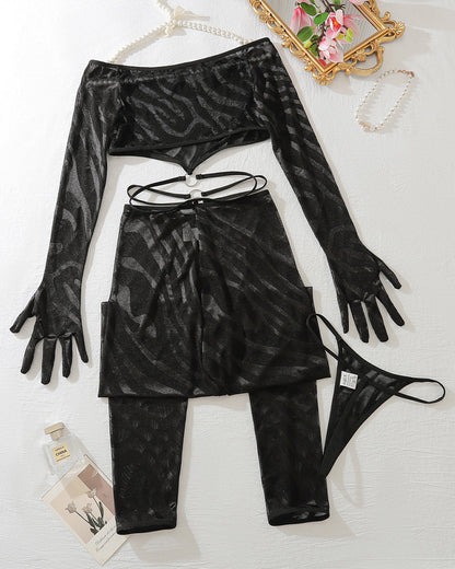 Zebra Print Long Sleeve Crop Tops with Stockings