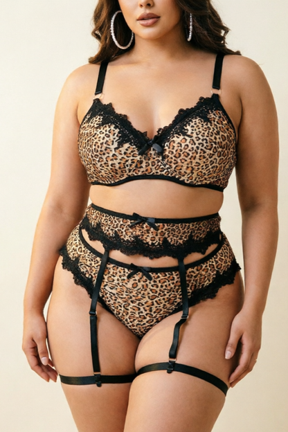 Plus Size Leopard Lace Stitching Bra Garter Set