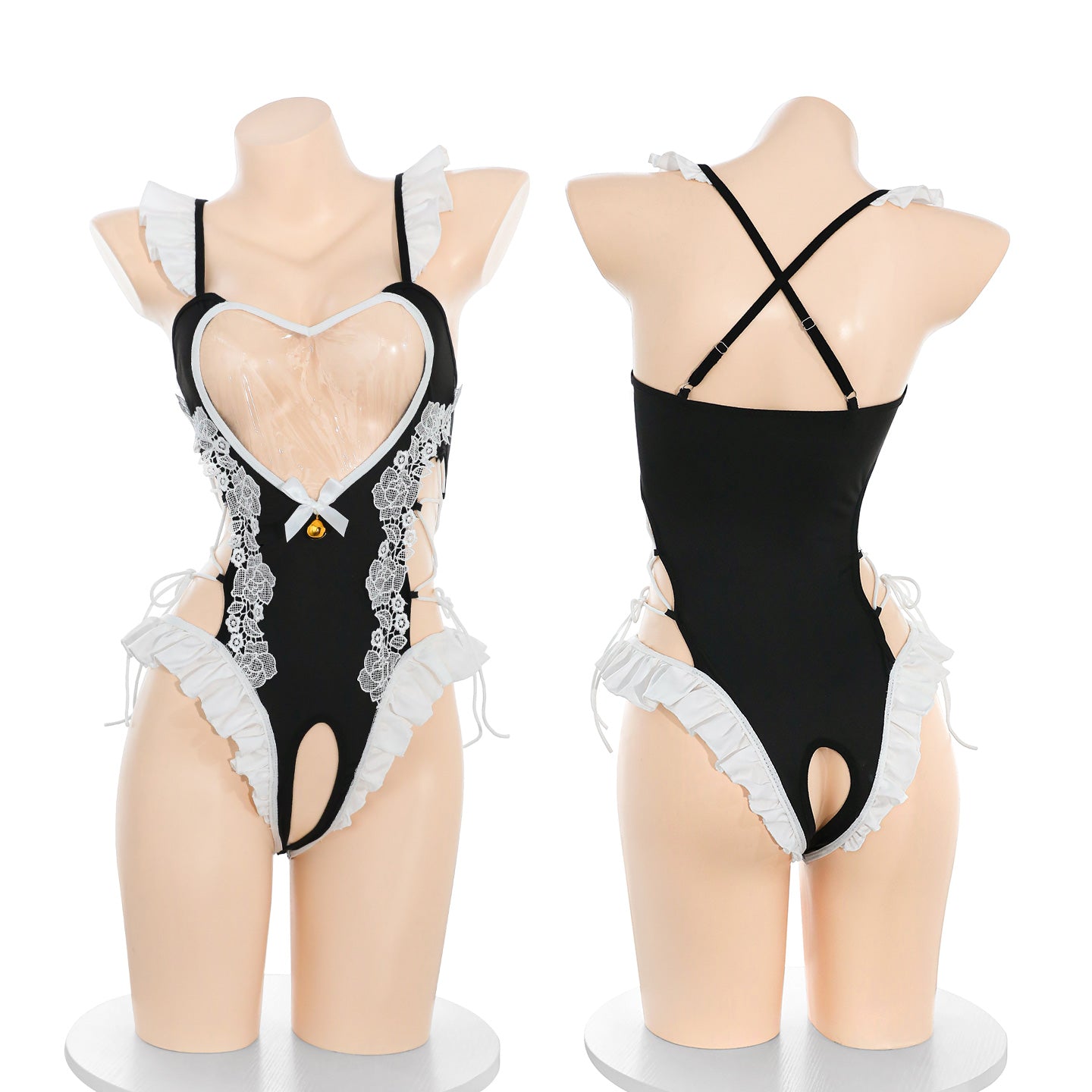 Sheer Heart-shaped Bell Kitty Sexy Bodysuit