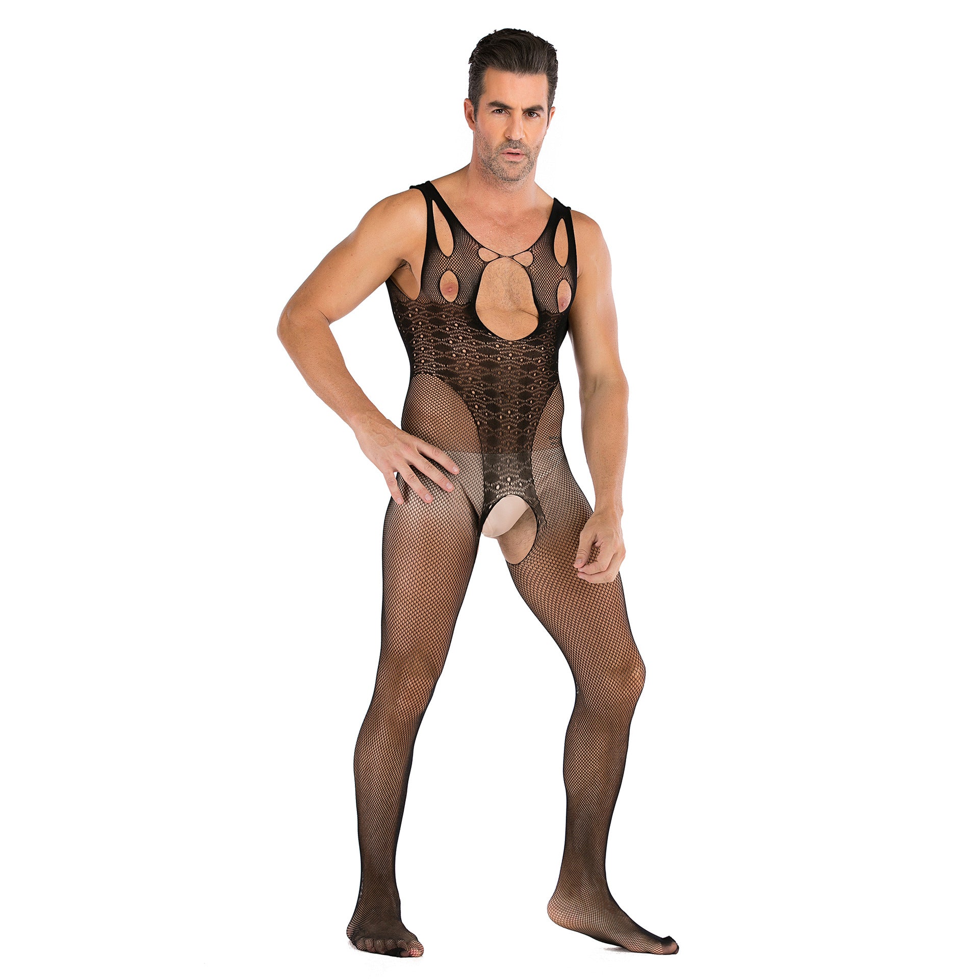 Men's See-through Open-chest Mesh Jumpsuit