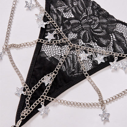 Alluring Lace G String Thongs Featuring Chain Pendant Star Details
