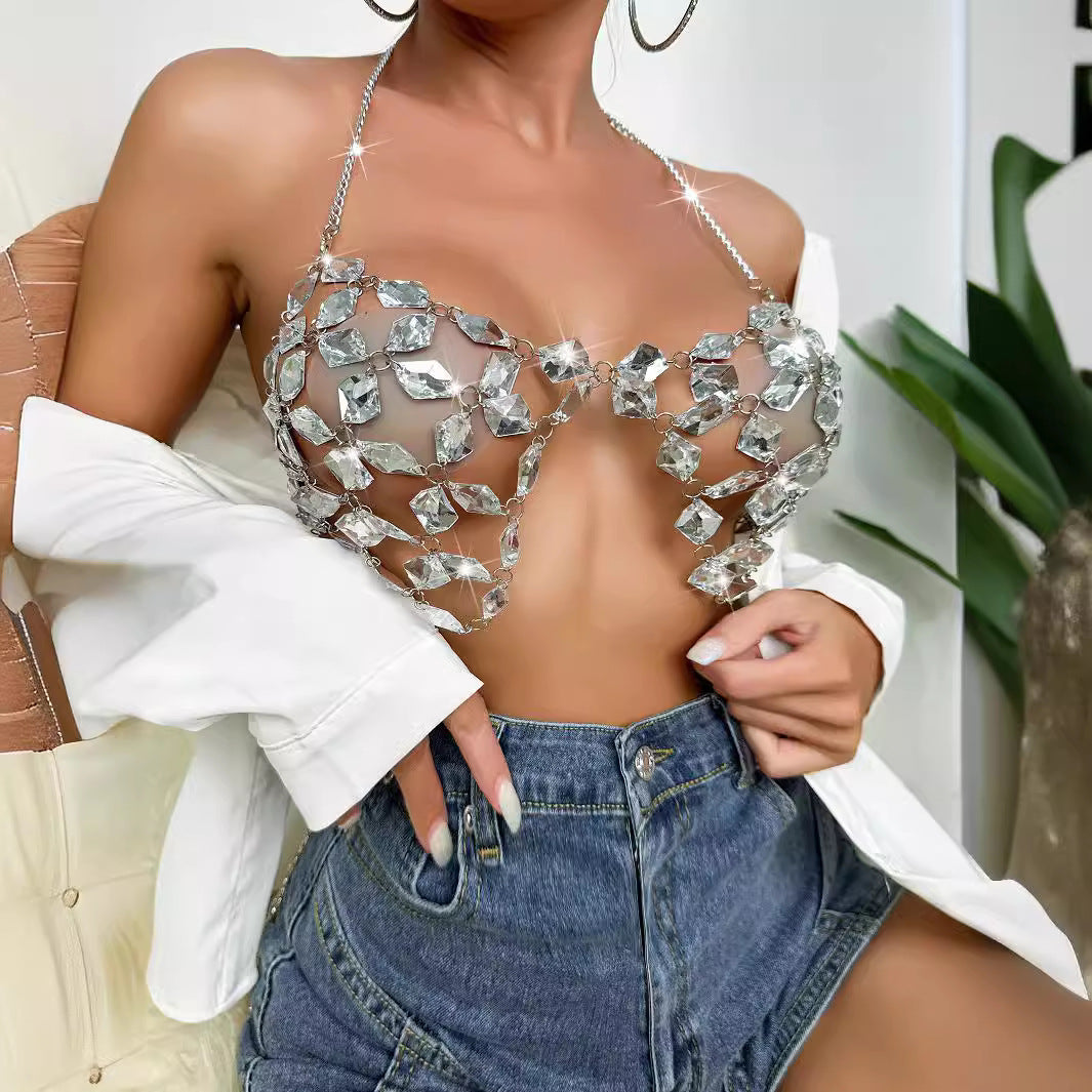 Shiny Crystal Pendant Backless Halter Bra