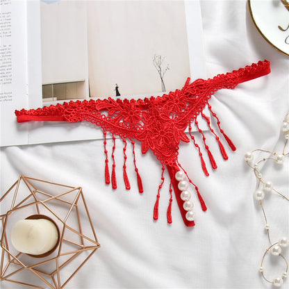 Sexy Embroidered Tassel Pearl Open Crotch Thong