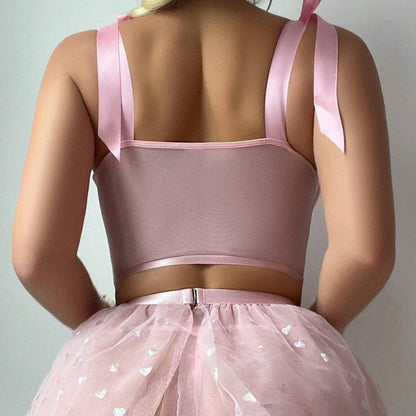 Three-Dimensional Flower Bow Tie Lace-up Sequins Tulle Skirt Sexy Lingerie Set