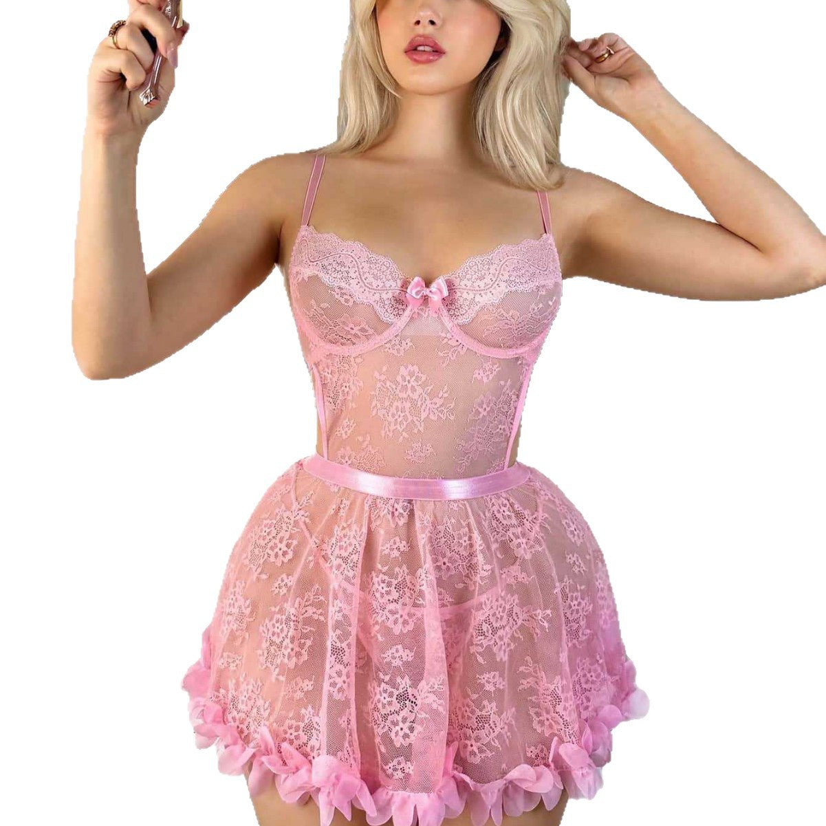 Flower Embroidery See-through Lace Sexy Lingerie Set
