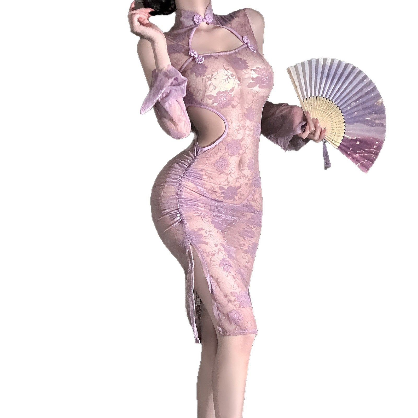 Chinese Style Lace See-through Purple Cheongsam Suit
