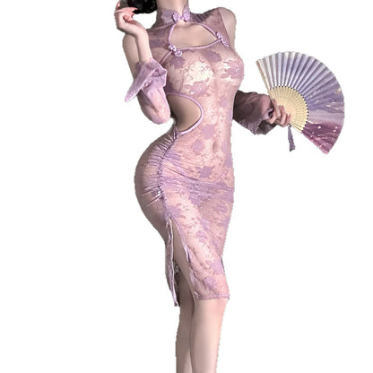 Chinese Style Lace See-through Purple Cheongsam Suit