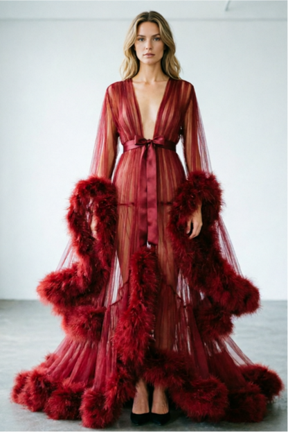 Sexy Feather Bell Sleeve Trailing Dress