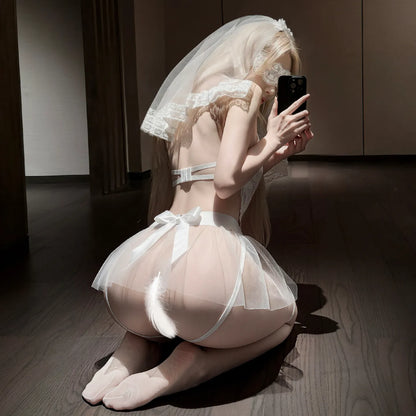 White Lace Sheer Open Crotch Bridal Bodysuit with Veil Costume