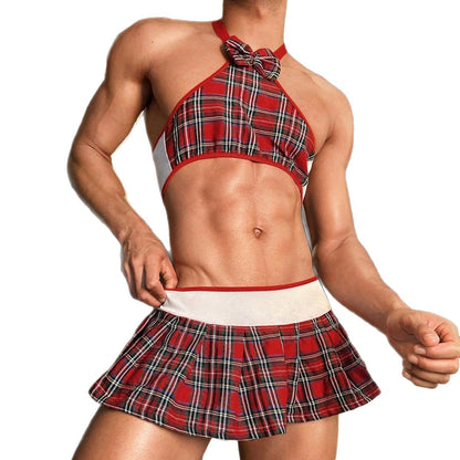 Pleated Skirt Red Plaid Bow Cos Men's Sexy Lingerie