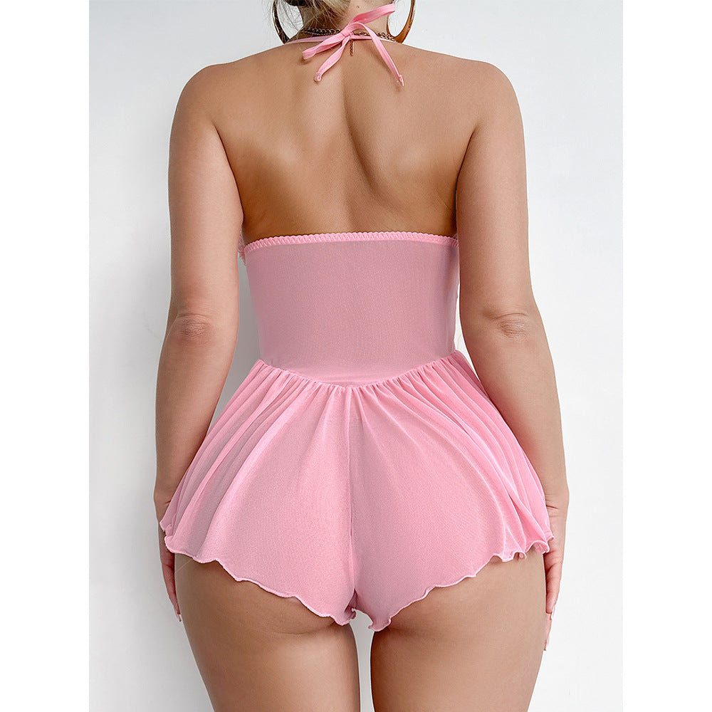 Pink Lace Stitching Bow Halter Lace Jumpsuit