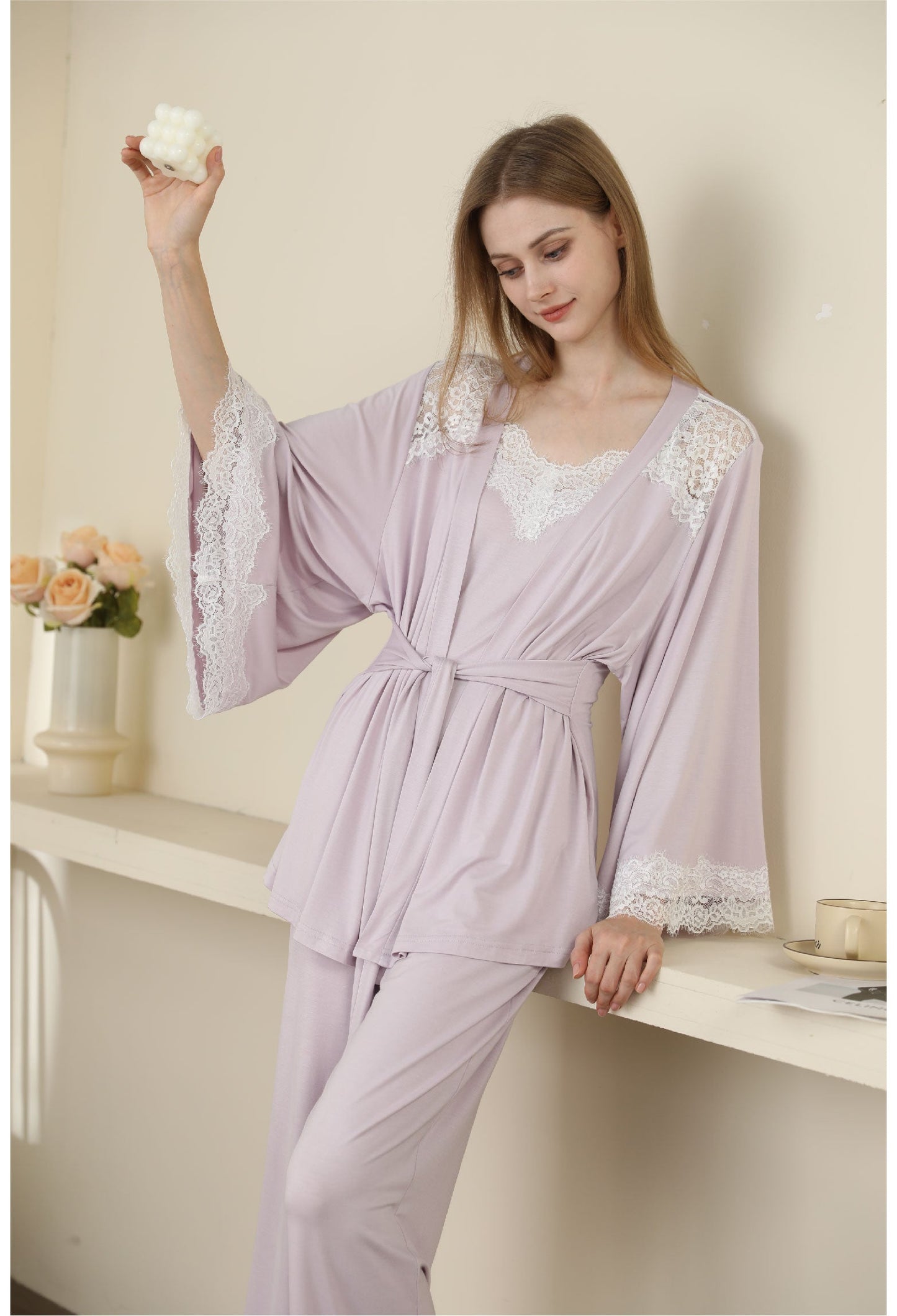 Sexy Modal Lace Backless Pajama Robe Camisole Set