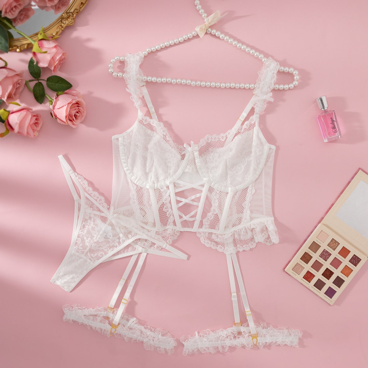 Velvet Embroidery Lace Underwear Bow Hollow out Sexy Suit