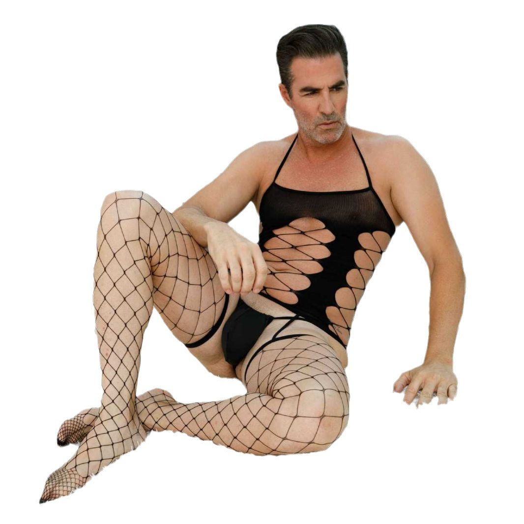 Men's Large Fishing Net Garter Belt Mesh Hollow See-Through Sexy Lingerie